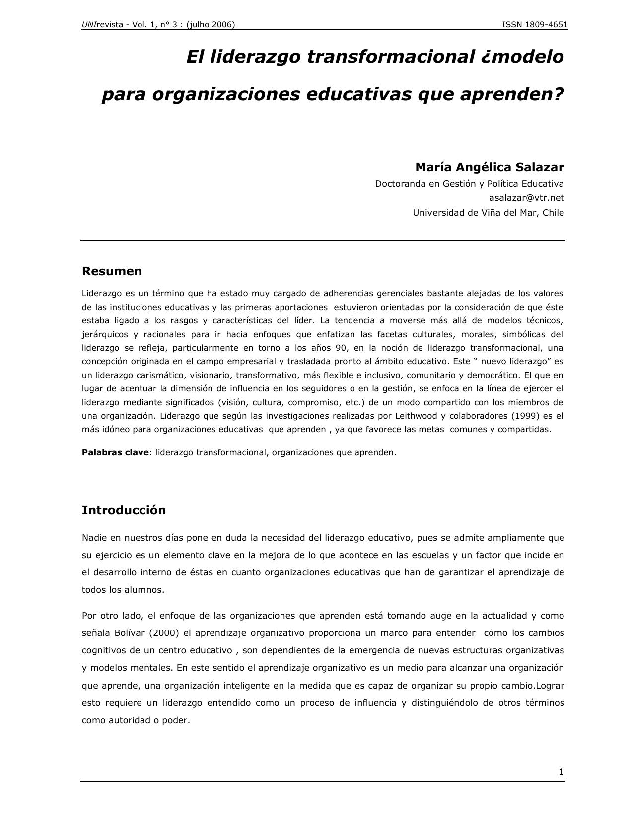 El liderazgo transformacional ¿Modelo para organizaciones educativas que aprenden?